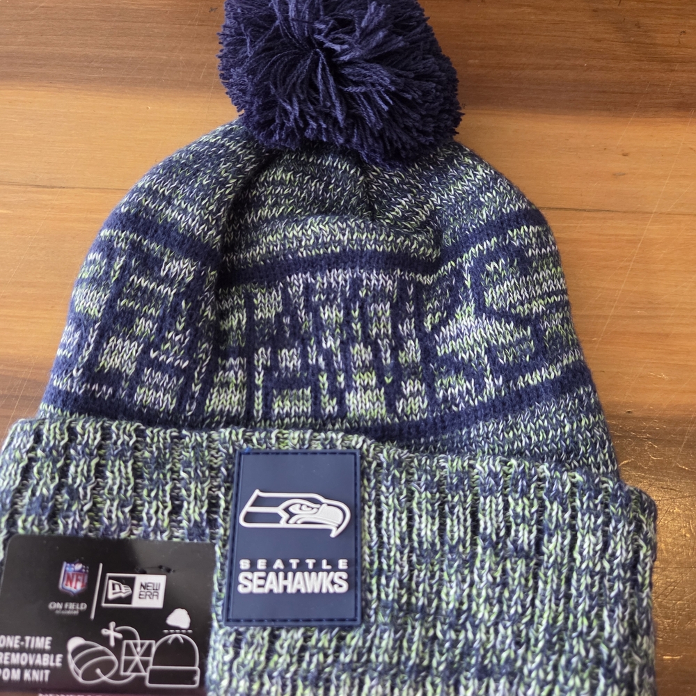 New Era Seattle Seahawks Blue and Green Knit Beanie with Pom